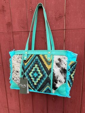 Teal Tribal Print Canvas and Cowhide Bag with Genuine Leather Accents